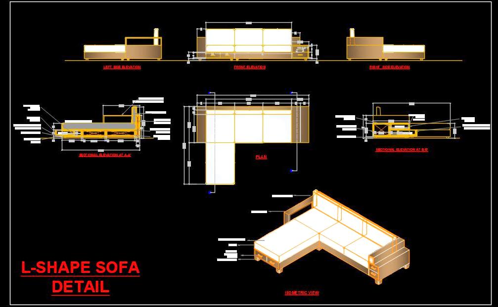 L Shape Sofa Design CAD File with Complete Details